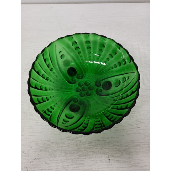Vintage 50s Anchor Hocking Emerald Green Bubble Glass Footed Bowl Mid Century - Picture 2 of 7